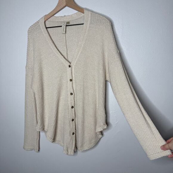 Allison Joy Womens Button Up Top Large Beige Tan Sweater Soft Lounge Oversized - Picture 5 of 9